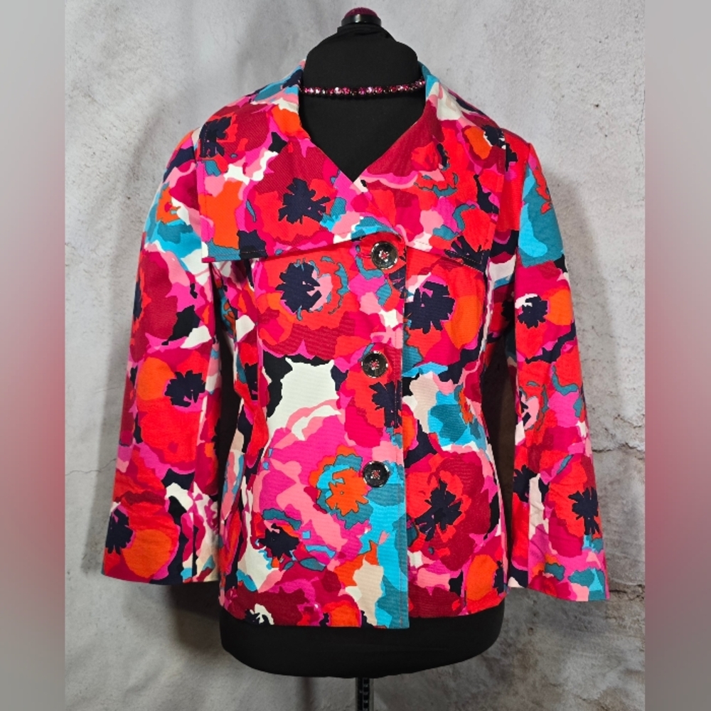 SMALL Rafaella Cropped Red Pink Turquoise Hue Floral Blazer Suit Jacket NWOT - Picture 6 of 7